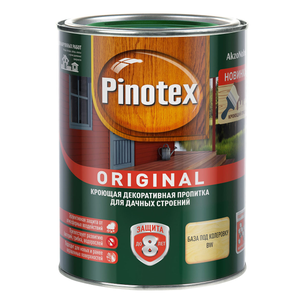Пропитка PINOTEX ORIGINAL декоративная кроющая с добавлением воска, база BW (белая) 0,9л