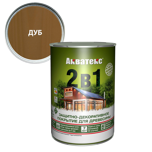 Защитно-декоративное покрытие  Акватекс 2 в 1 для древесины алкидное полуматовое лессирующее дуб 0,8л