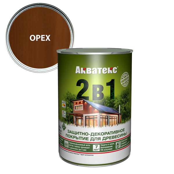 Защитно-декоративное покрытие  Акватекс 2 в 1 для древесины алкидное полуматовое лессирующее, орех 0,8л