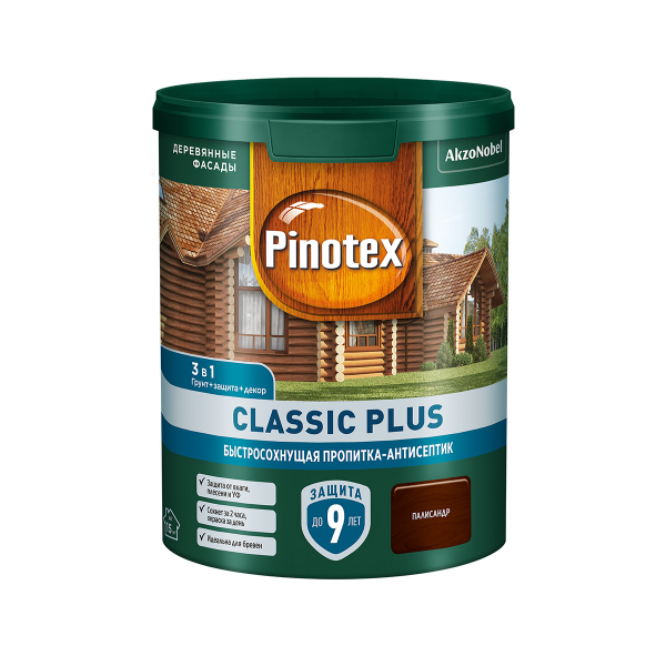 Пропитка-антисептик PINOTEX CLASSIC PLUS 3 в 1 быстросохнущая, палисандр 0,9л