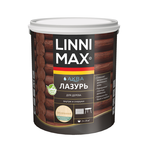 Аква Лазурь LINNIMAX для защиты дерева, акриловая, лессирующая, полуматовая 2,5л прозрачная