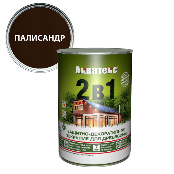 Защитно-декоративное покрытие  Акватекс 2 в 1 для древесины алкидное полуматовое лессирующее, палисандр 0,8л