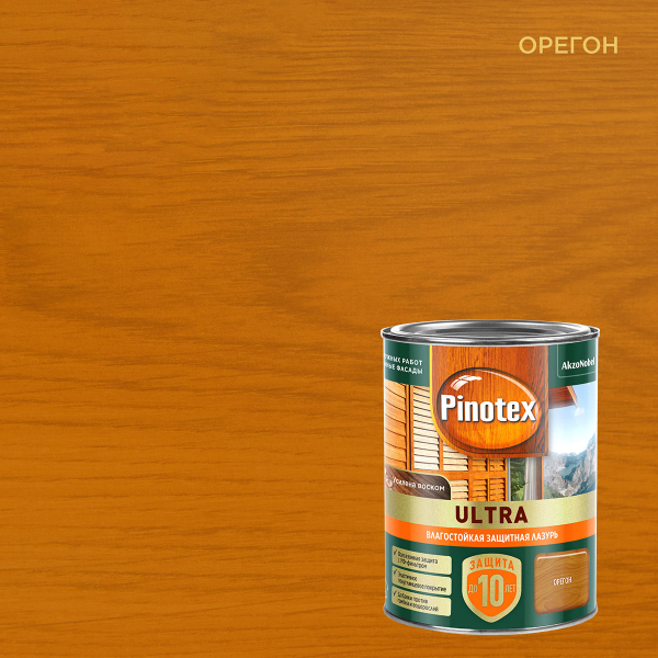 Лазурь PINOTEX ULTRA для защиты древесины, влагостойкая, орегон 0,9л