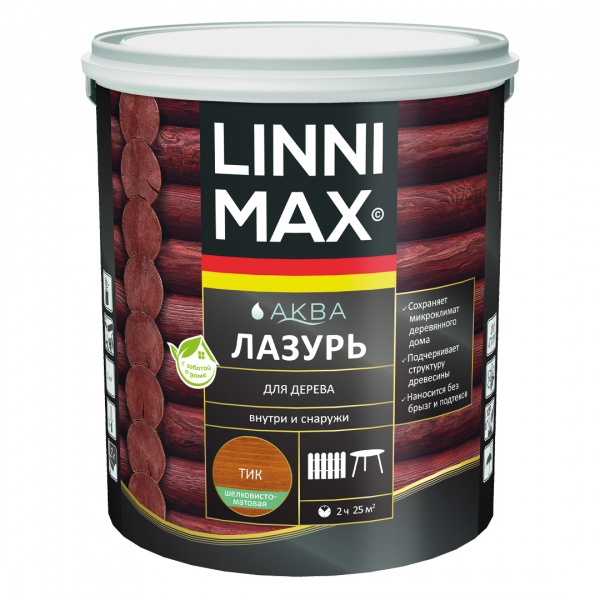 Аква Лазурь LINNIMAX для защиты дерева, акриловая, лессирующая, полуматовая 2,5л тик