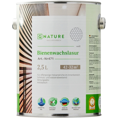 Лазурь Gnature 471 Bienenwachslasur с пчелиным воском для деревянных стен и потолков, белый 2,5л
