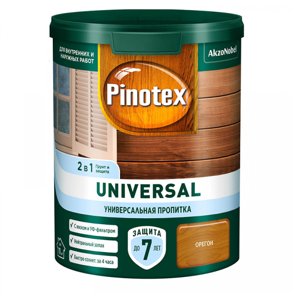 Пропитка OMNITEX (PINOTEX) UNIVERSAL 2 в 1 для защиты древесины, на водной основе, карельская сосна 0,9л