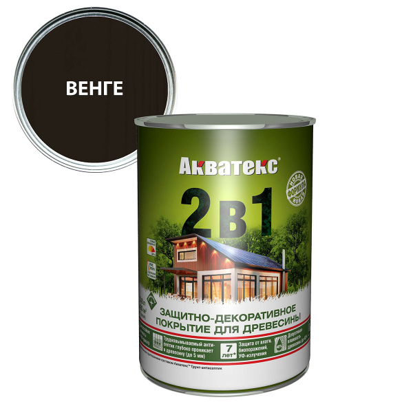 Защитно-декоративное покрытие  Акватекс 2 в 1 для древесины алкидное полуматовое лессирующее, венге 0,8л