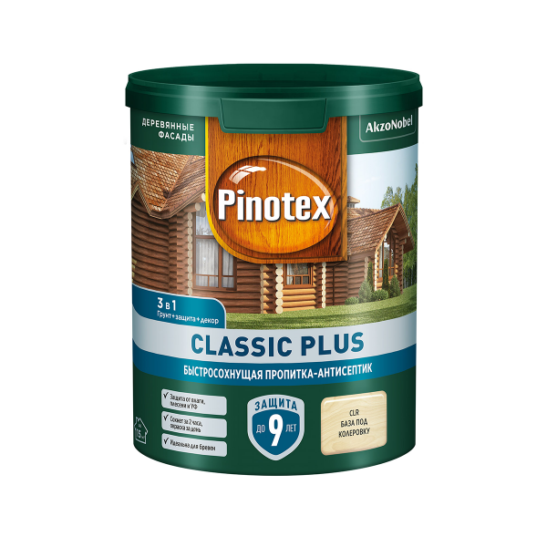 Пропитка-антисептик PINOTEX CLASSIC PLUS 3 в 1 быстросохнущая, база под колеровку 0,9л