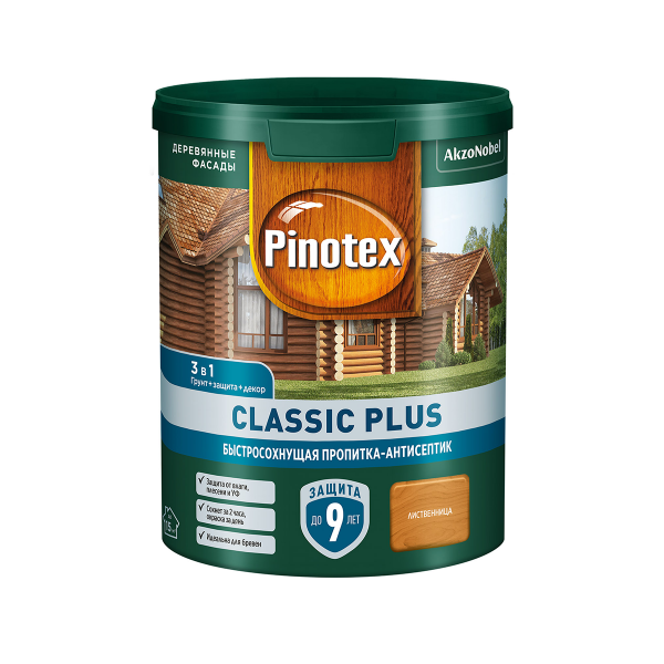 Пропитка-антисептик PINOTEX CLASSIC PLUS 3 в 1 быстросохнущая, лиственница 0,9л