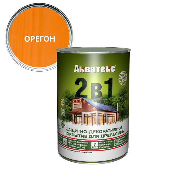 Защитно-декоративное покрытие  Акватекс 2 в 1 для древесины алкидное полуматовое лессирующее, орегон 0,8л