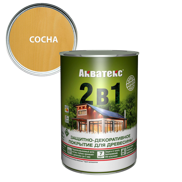 Защитно-декоративное покрытие  Акватекс 2 в 1 для древесины алкидное полуматовое лессирующее, сосна 0,8л