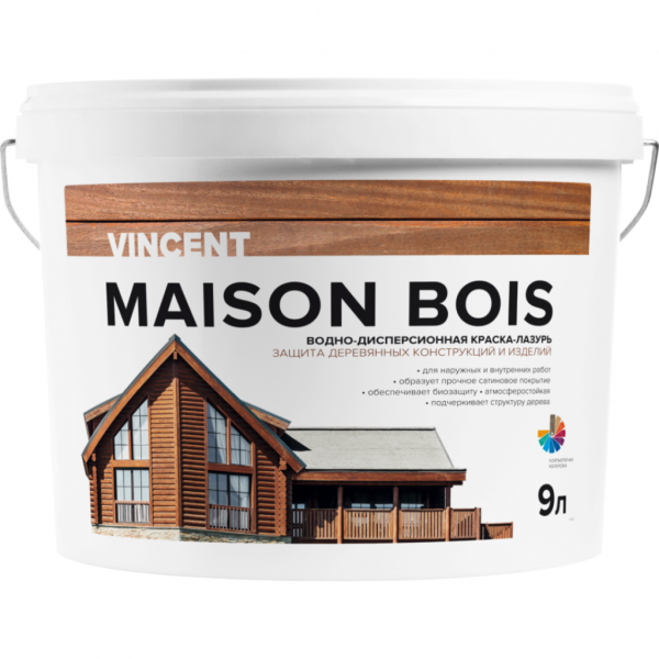 Краска-лазурь Vincent Maison Bois  кроющая водно-дисперсионная для защиты 9л База C (насыщенные тона)