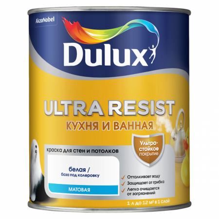 Dulux Ultra Resist / Дулюкс Ультра Резист Краска для Кухни и Ванной база BC 0,9л Прозрачная